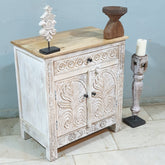 Antique Indian Floral Hand Carved Solid Wooden Cabinet Whitewash